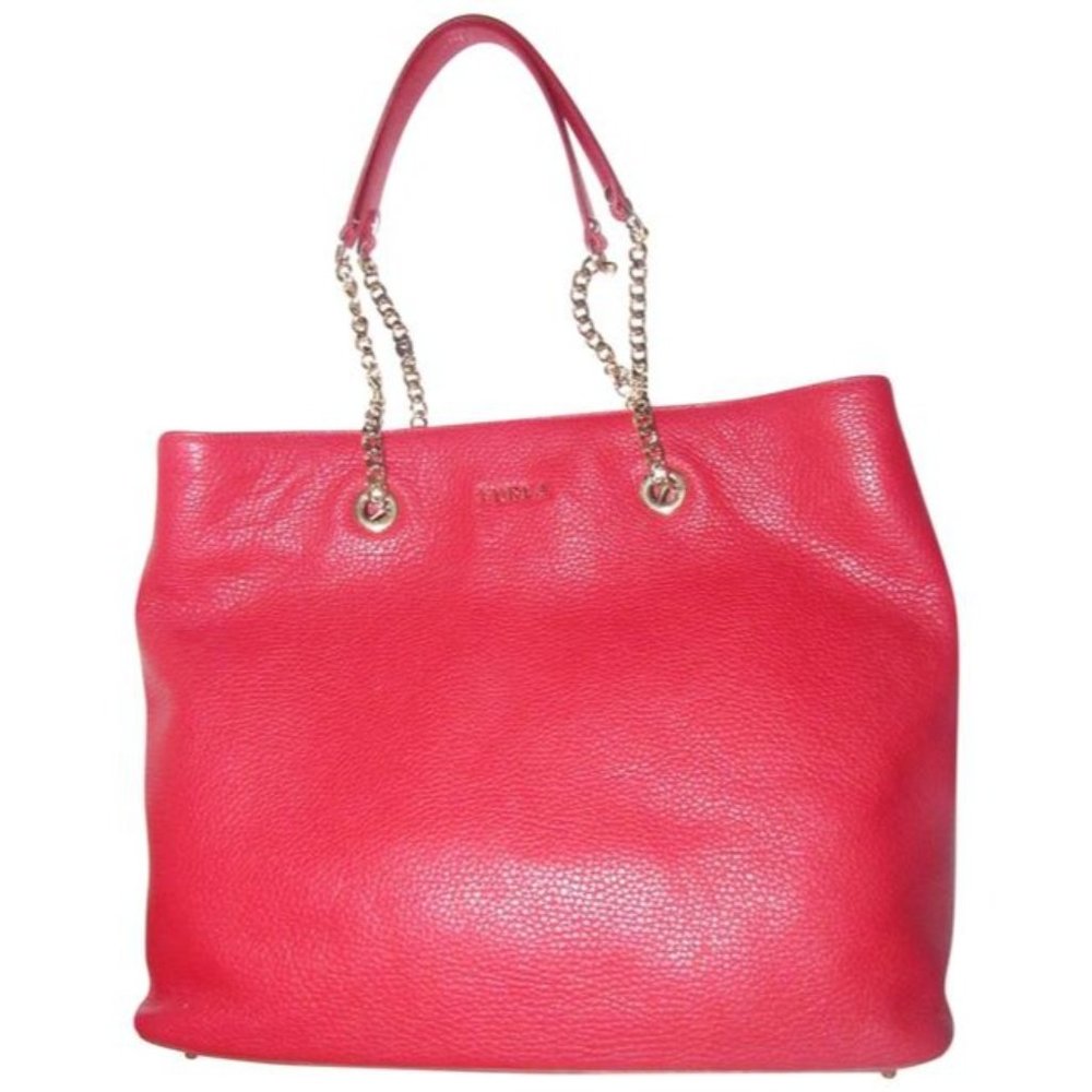 Furla St Alice True Red Leather Gold Accents Satchel